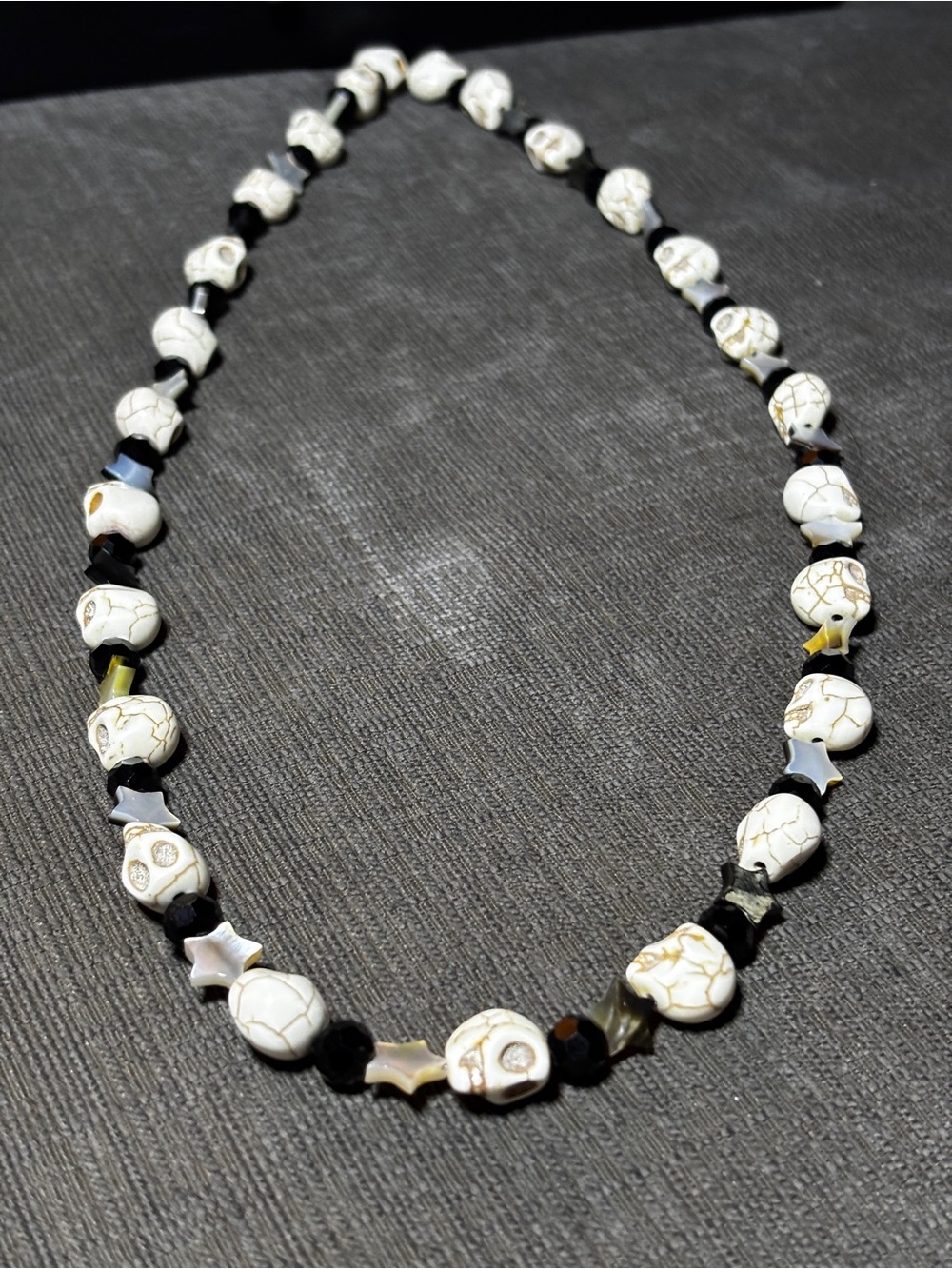 Handcrafted White Howlite Skull Necklace and Black Bead Bracelet Set - Picture 2 of 4